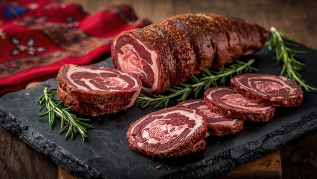 Kayseri pastırma served on a dark stone platter, both whole and sliced, made from ribeye and beef fillet.