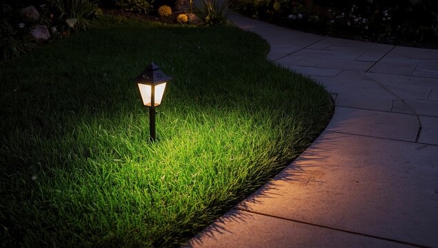 LED floodlight and spotlight lantern on grassy area beside pavement.