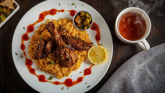 Lamb and chicken mandhi rice with pickles, chili sauce, and tea.