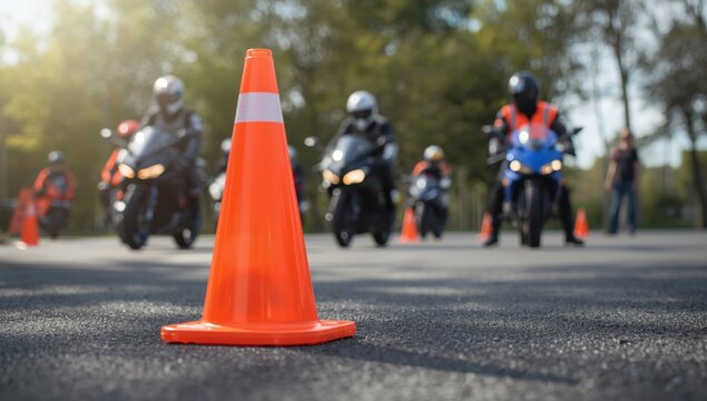 Motorcycle training facility. Shallow depth of field. Emphasis on cone in front.