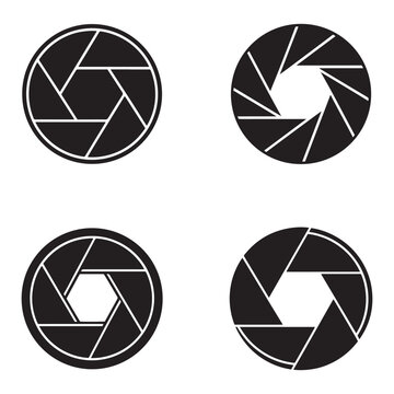 Four black camera shutter icons in different shapes and designs on white background  shutter  camera icons