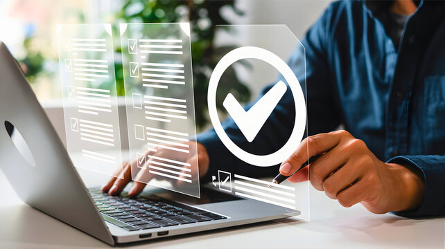 Person interacting with a digital interface, completing online forms and data validation, with a prominent checkmark icon indicating successful task accomplishment and secure approval