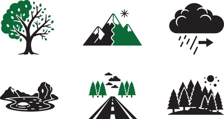 Fototapeta premium Nature and environment icon set featuring trees, mountains, rain cloud, and forest landscapes