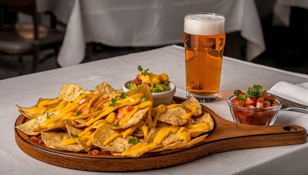 Nacho chips with cheese, guacamole, tomato salsa, and a beer.