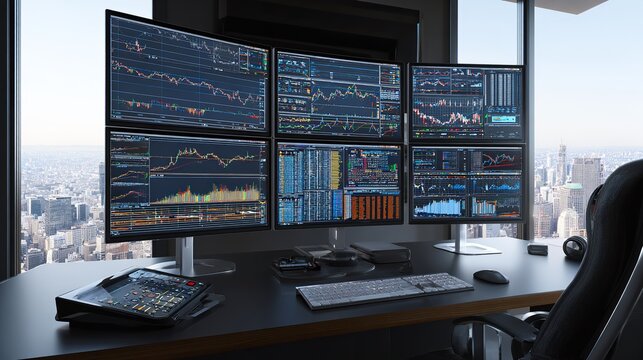 Stock trader workstation with multiple desktop monitors showing financial charts and market statistics dashboards in modern corporate office