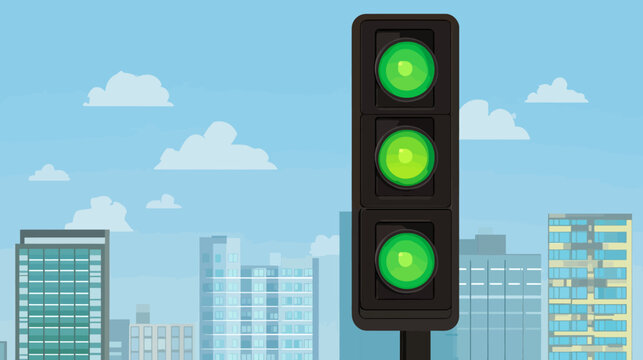 A stylized illustration features a green traffic signal above cityscape under a blue, cloudy sky