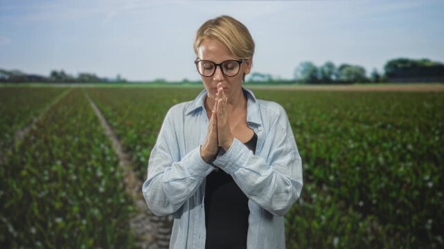 Woman in glasses presses hands to temples in apparent headache then folds palms as if praying in a studio field scene; anxiety reflection.