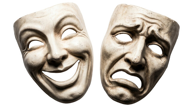 Comedy and tragedy masks isolated PNG on transparent background, theatrical drama symbols representing happy and sad emotions