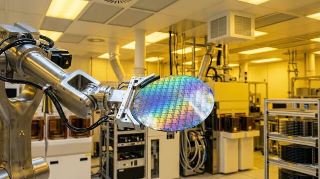 Cinematic close up of an automated robotic arm holding a shiny silicon wafer in a yellow lit semiconductor manufacturing cleanroom