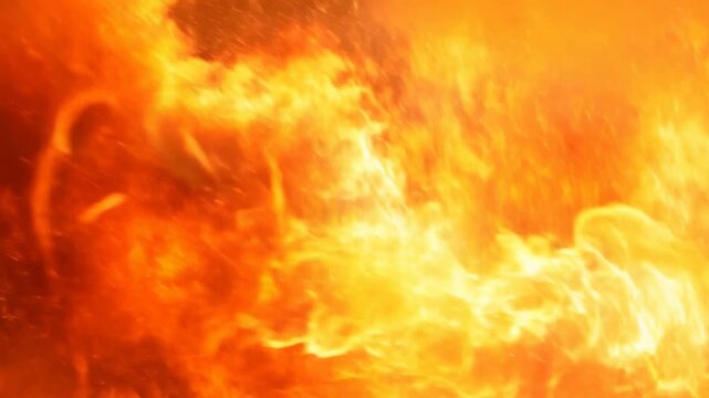 Fiery Action Sequence. Flames Roaring With Flying Sparks. Intense Fiery Display With Embers And Smoke