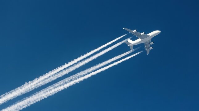 Commercial Airliner Flying High in Clear Blue Sky with Contrails