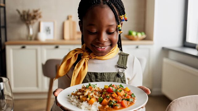 Girl holds plate of vibrant meal with rice and vegetables. Bright kitchen setting with simple decor and natural light. Concept of family meals, food service, cooking school