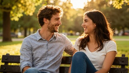 Naklejka premium Young couple laughing together while sitting on park bench
