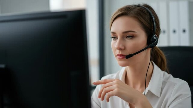 Professional woman with headset working at a computer in an office environment