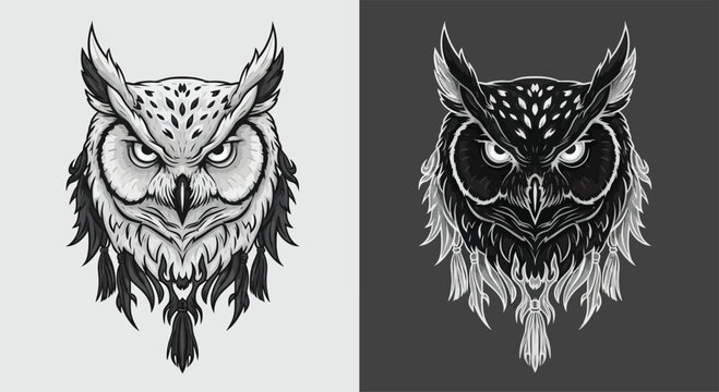 Detailed black and white illustrations of a fierce owl head with intricate feather details and intense eyes, presented in both light and dark versions.