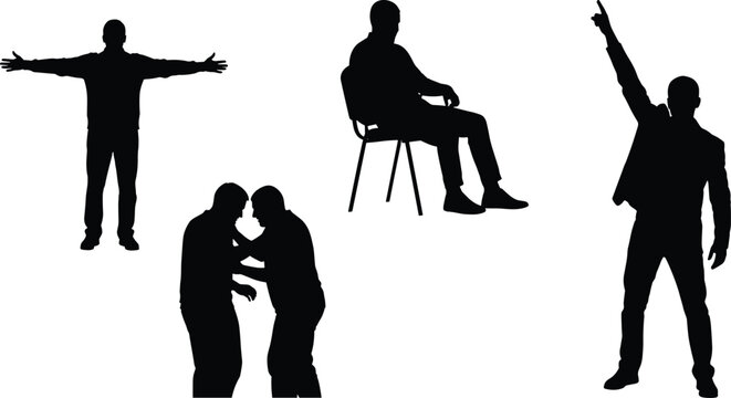 Black Vector Silhouette Set of Men in Different Poses Including Sitting on Chair Standing with Open Arms Pointing Up and Two People Fighting or Wrestling