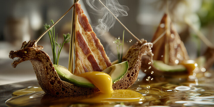 Handcrafted luxury brunch image showcasing floating bacon vessels in luminous golden pool