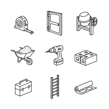 A set of nine black and white isometric line icons featuring various construction tools and materials such as a drill, ladder, and blueprints.