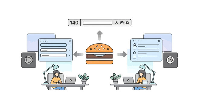 Burger concept centralized data flow digital workspace illustration