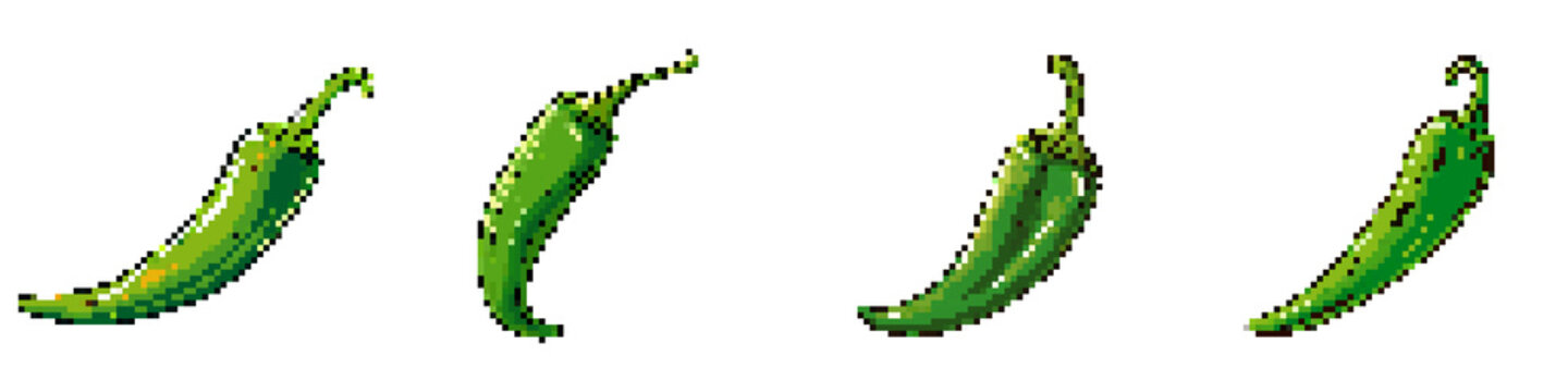 Green chili pepper pixel icon set. retro, pixelated 2d graphics for games and apps