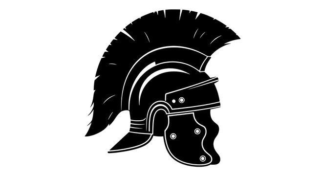 Helmet roman gladiator with crest plume and face guard, bold black silhouette icon design featuring