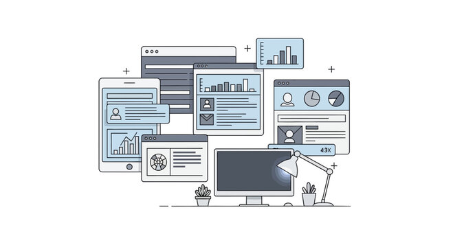Digital interface illustration computer tablet and website layouts