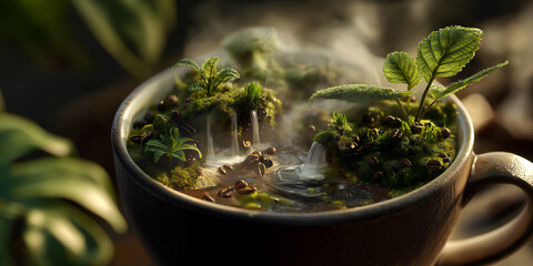 Fototapeta premium Small mossy environment within cup. Tiny landscape with waterfall and lush plants