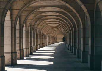 Obraz premium A serene tunnel with arched ceilings and colorful lights in the distance