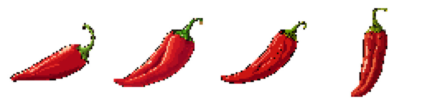 Guajillo pepper pixel icon set. retro, pixelated 2d graphics for games and apps