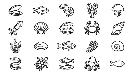 Variety of marine life and shells a hand drawn black and white icon set © Anisur Rahman