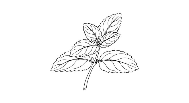 Mint leaf botanical line art with serrated edges,vein detail and clean monochrome outline featuring mentha,