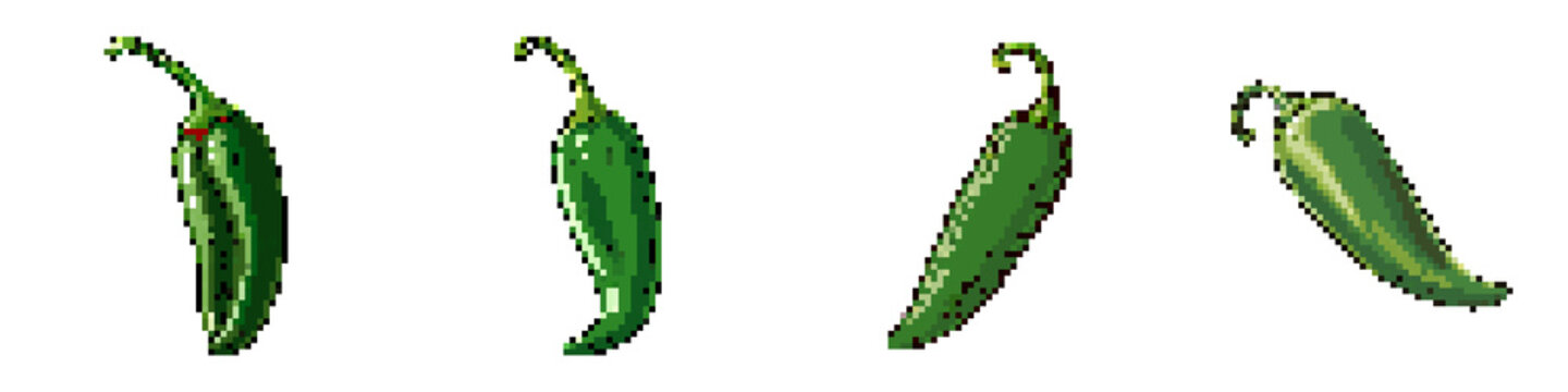 Jalapeo pepper pixel icon set. retro, pixelated 2d graphics for games and apps