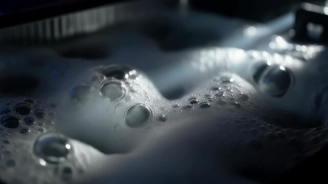 Dramatic cinematic close-up of thick bubbles and mist in a server immersion cooling tank with light rays
