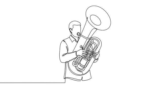 Tuba musician continuous one line drawing with brass instrument player outline on white background