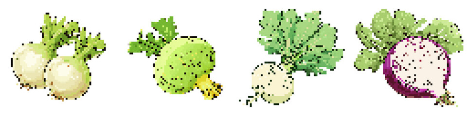 Fototapeta premium Kohlrabi pixel icon set. retro, pixelated 2d graphics for games and apps