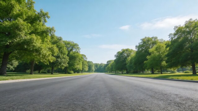 Empty road lined with green trees