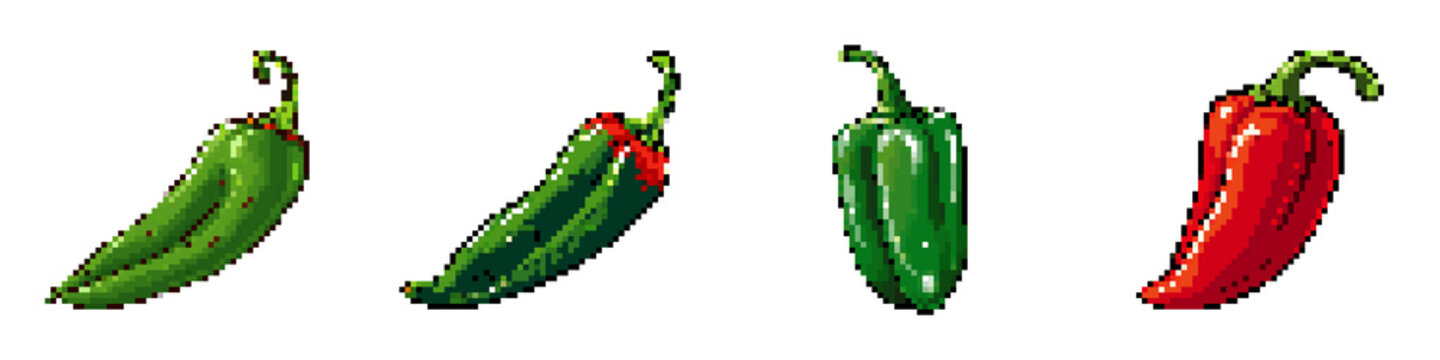 Pasilla pepper pixel icon set. retro, pixelated 2d graphics for games and apps