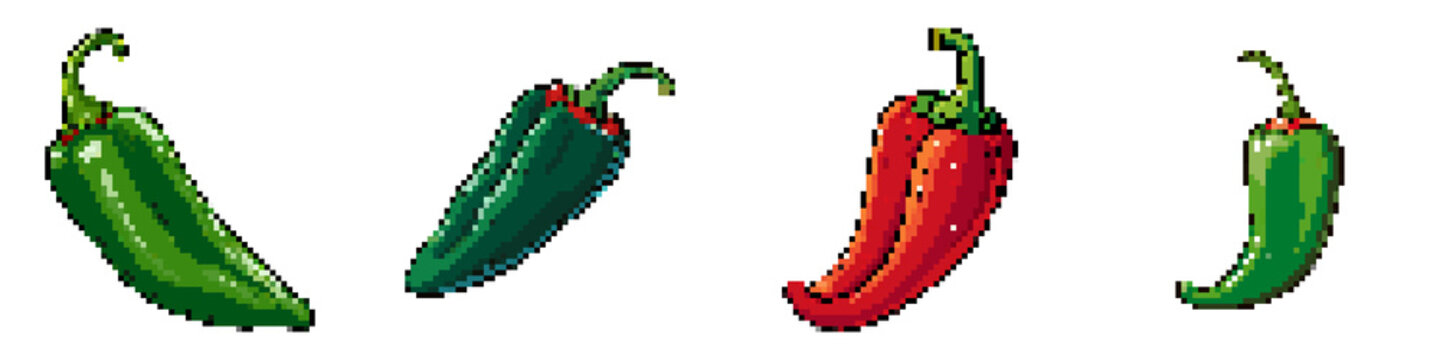 Pasilla pepper pixel icon set. retro, pixelated 2d graphics for games and apps