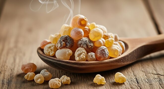 A wooden spoon holds a pile of colorful bee propolis on a rustic table with steam rising.