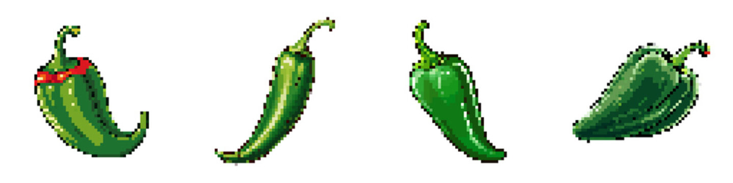 Pasilla pepper pixel icon set. retro, pixelated 2d graphics for games and apps