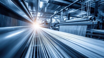 Obraz premium Industrial weaving loom in action, creating fabric with intricate threads and advanced machinery for textile production.