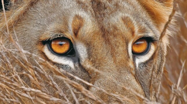 Intense Amber Eyes of a Lion Up Close in African Grass