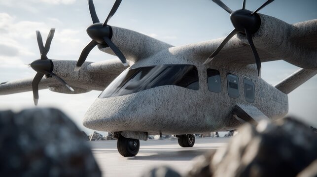 Modern twin-engine propeller aircraft with textured matte coating on its fuselage parked on a runway, showcasing eco-friendly aviation technology.