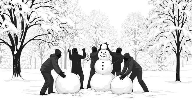 A group of people working together to build a large snowman in a snowy park with snow-covered trees in the background