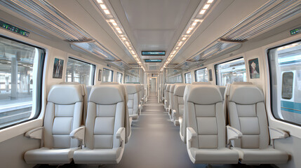 Fototapeta premium Modern High-Speed Train Cabin Featuring Clean Rows of Comfortable Seating