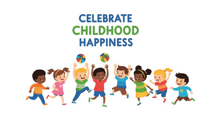Fototapeta premium Diverse happy children playing and jumping with colorful balls, celebrating childhood happiness