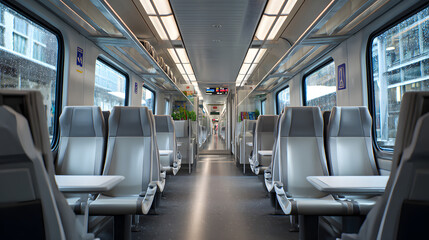 Fototapeta premium Modern High-Speed Train Cabin Interior with Clean Design and Comfortable Seating for Passengers