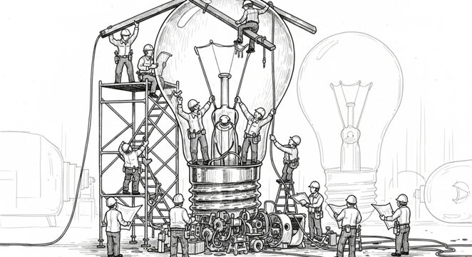 Teamwork and Innovation Building a Giant Light Bulb Concept.
