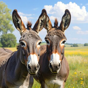 Close-up of two donkeys standing side-by-side in a grassy field