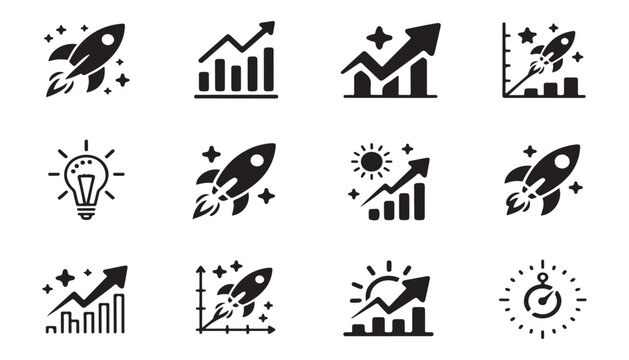 Collection of icons depicting growth, innovation, and achievement with rockets and charts